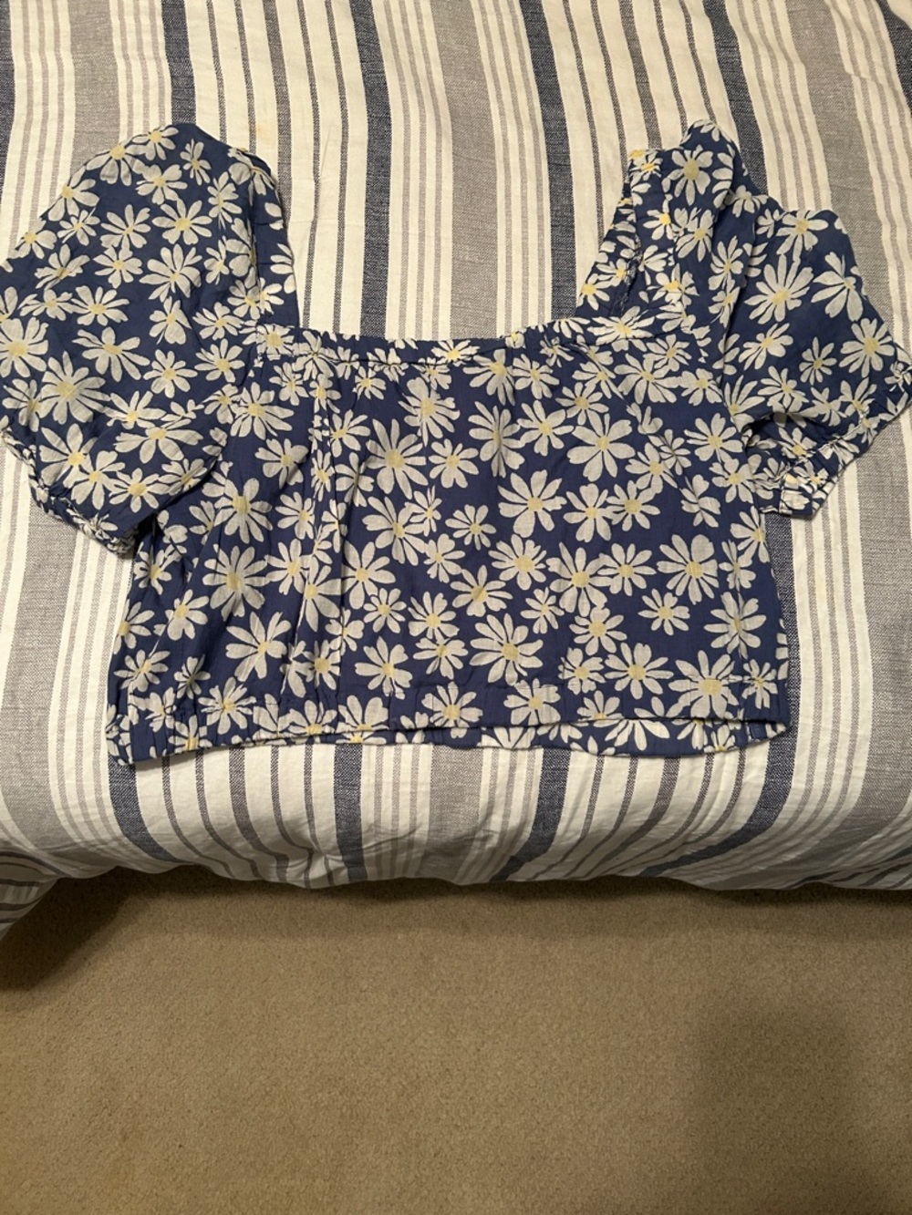 American Eagle Outfitters Navy Daisy Puff-Sleeve Crop Top